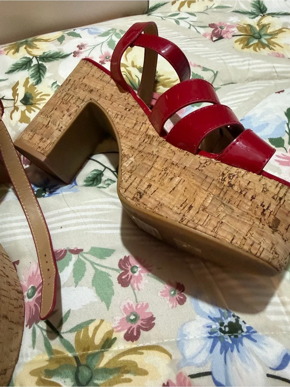 Journee Collection Red Patent Cork Platform Wedge Sandals